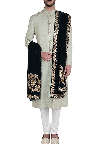 Mint Green Embroidered Sherwani Set with Stole by Aditya Sachdeva