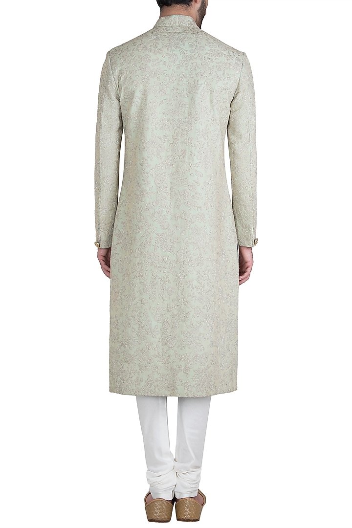Mint green embroidered sherwani set with stole available only at Pernia's Pop Up Shop.