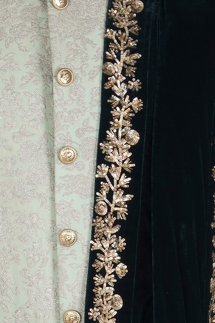 Mint green embroidered sherwani set with stole available only at Pernia's Pop Up Shop.