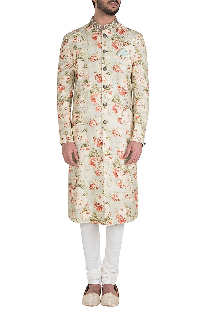 Beige printed sherwani set available only at Pernia's Pop Up Shop.