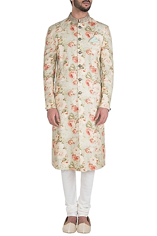 Beige Printed Sherwani Set by Aditya Sachdeva