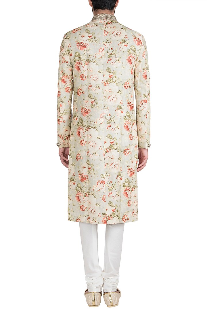 Beige printed sherwani set available only at Pernia's Pop Up Shop.
