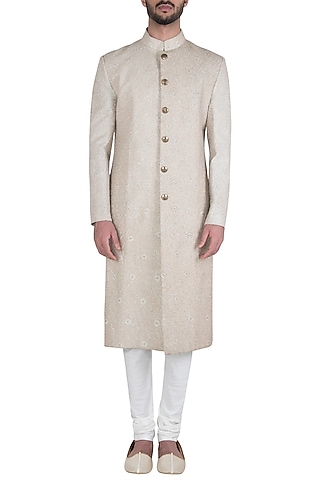 Cream Zari Embroidered Sherwani Set by Aditya Sachdeva