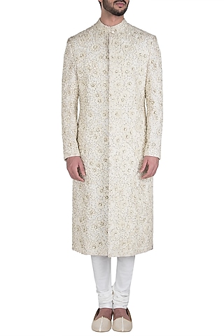 Cream Hand Embroidered Sherwani Set by Aditya Sachdeva