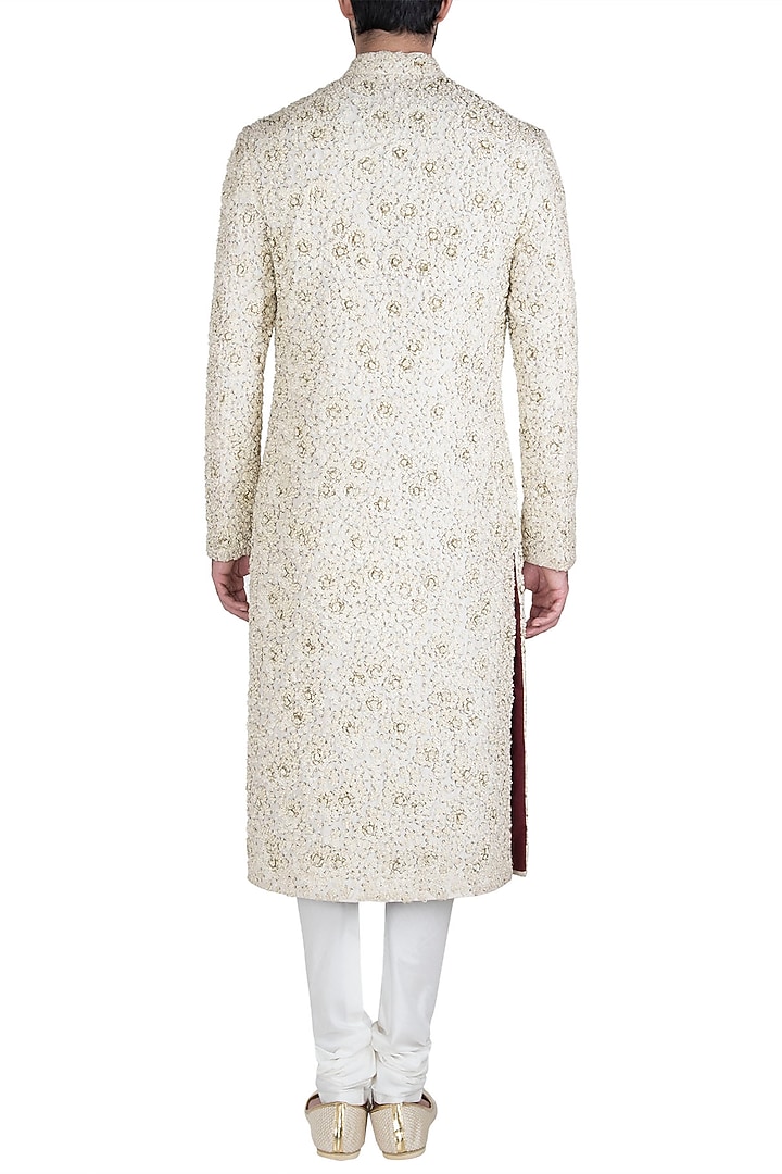 Cream hand embroidered sherwani set available only at Pernia's Pop Up Shop.