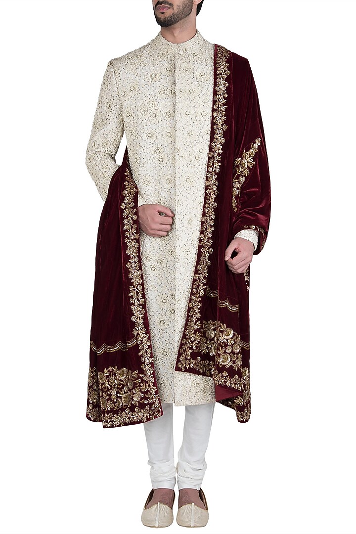 Cream embroidered sherwani with stole available only at Pernia's Pop Up Shop.