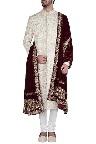 Cream Chanderi Silk Hand Embroidered Sherwani Set by Aditya Sachdeva