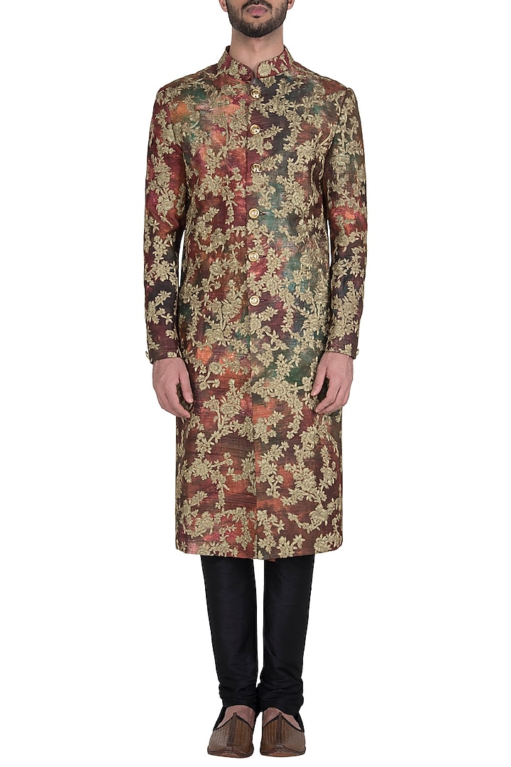 Maroon and green embroidered sherwani set available only at Pernia's Pop Up Shop.
