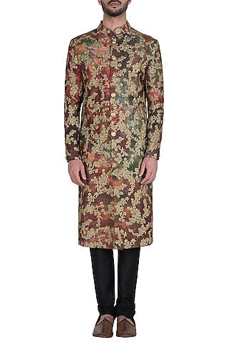 Maroon and Green Embroidered Sherwani Set by Aditya Sachdeva