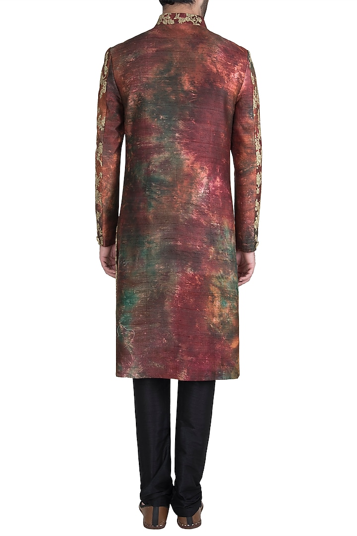 Maroon and green embroidered sherwani set available only at Pernia's Pop Up Shop.