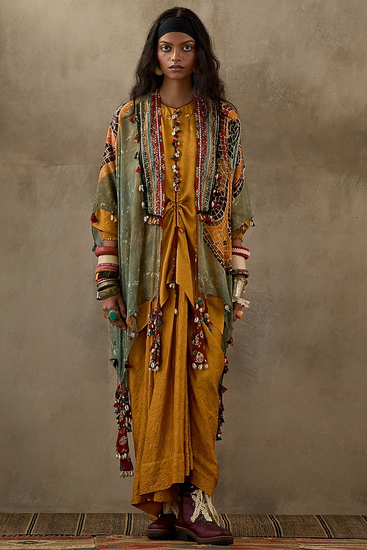 Yellow Crushed Silk Pleated Skirt Set by ASEEM KAPOOR at Pernia's Pop Up Shop