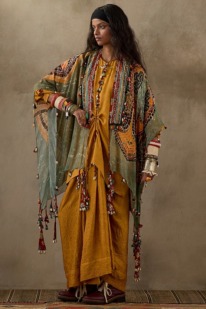 Yellow Crushed Silk Pleated Skirt Set by ASEEM KAPOOR at Pernia's Pop Up Shop