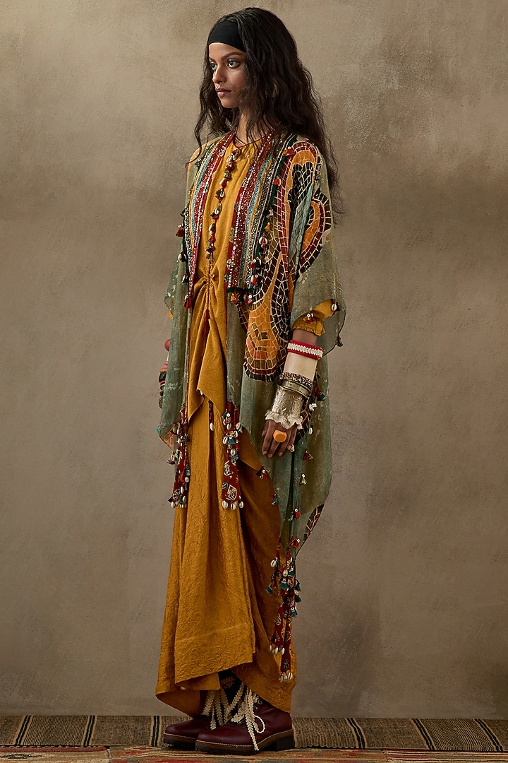 Yellow Crushed Silk Pleated Skirt Set by ASEEM KAPOOR at Pernia's Pop Up Shop