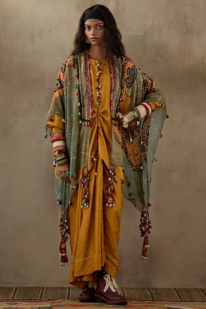 Yellow Crushed Silk Pleated Skirt Set by ASEEM KAPOOR at Pernia's Pop Up Shop