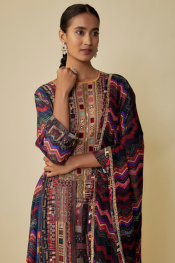 Multi-Colored Slub Satin & Cotton Silk Zardosi Embroidered Kurta Set by ASEEM KAPOOR at Pernia's Pop Up Shop
