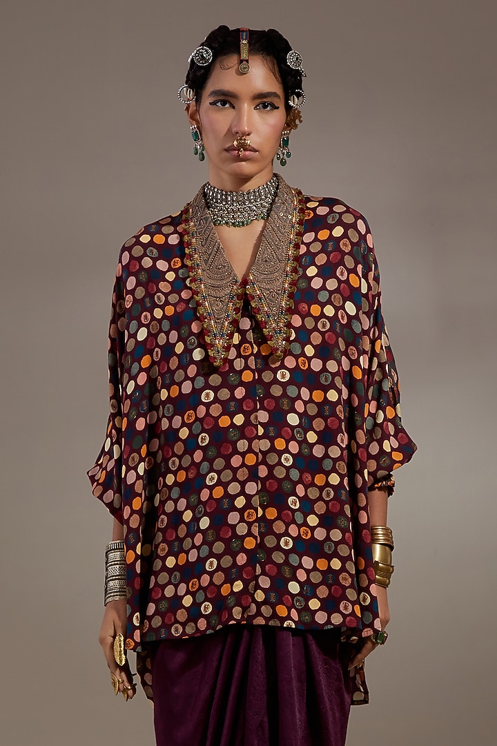 Jamuni Purple Natural Crepe Polka Dot Printed Shirt by ASEEM KAPOOR at Pernia's Pop Up Shop