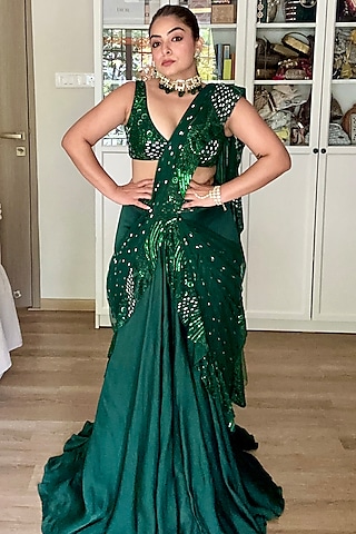 Emerald Green Satin Organza Hand Embroidered Draped Saree Set by ASAGA