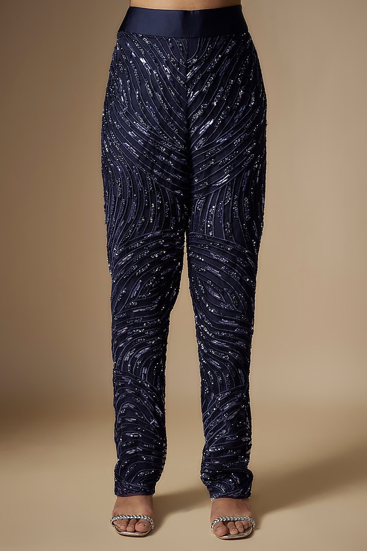 Navy Blue Tulle Hand Embroidered Kurta Set by ASAGA at Pernia's Pop Up Shop