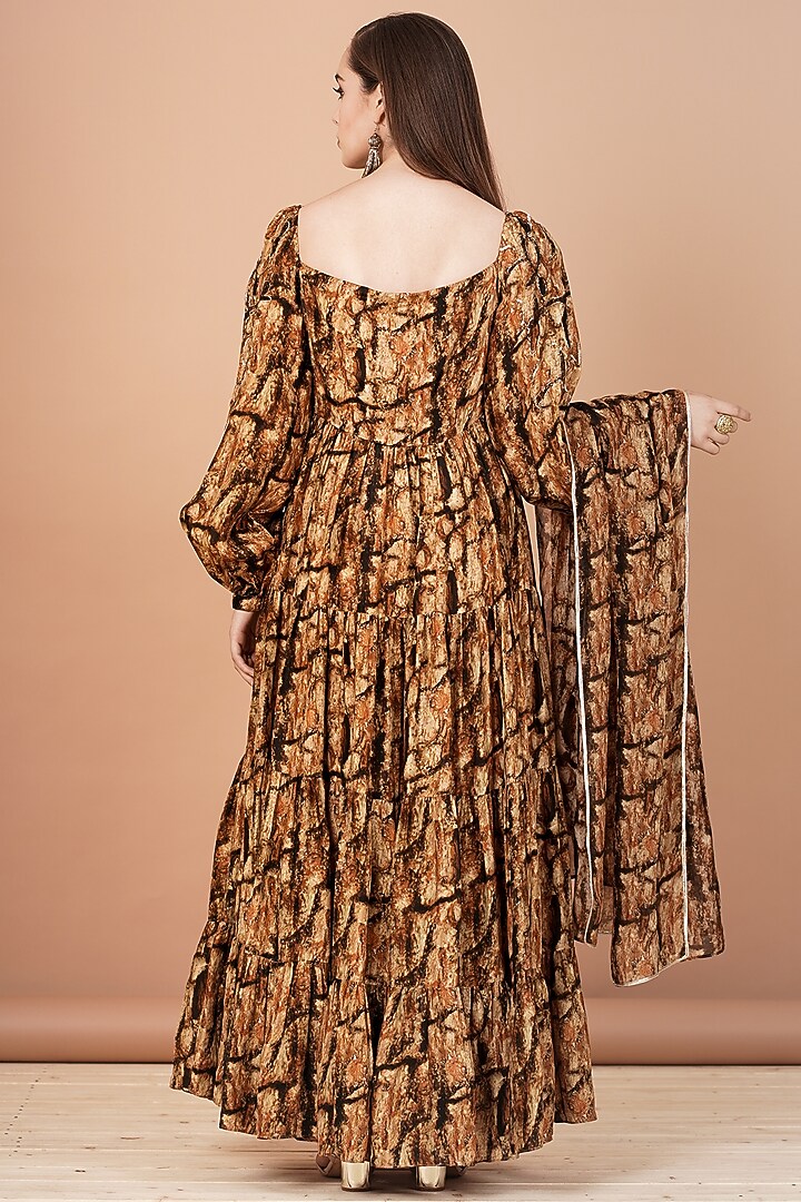 Gold & Brown Printed Engagement Gown With Stole by Breathe By Aakanksha Singh at Pernia's Pop Up Shop