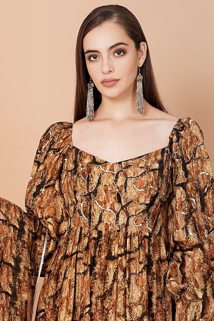 Gold & Brown Printed Engagement Gown With Stole by Breathe By Aakanksha Singh at Pernia's Pop Up Shop