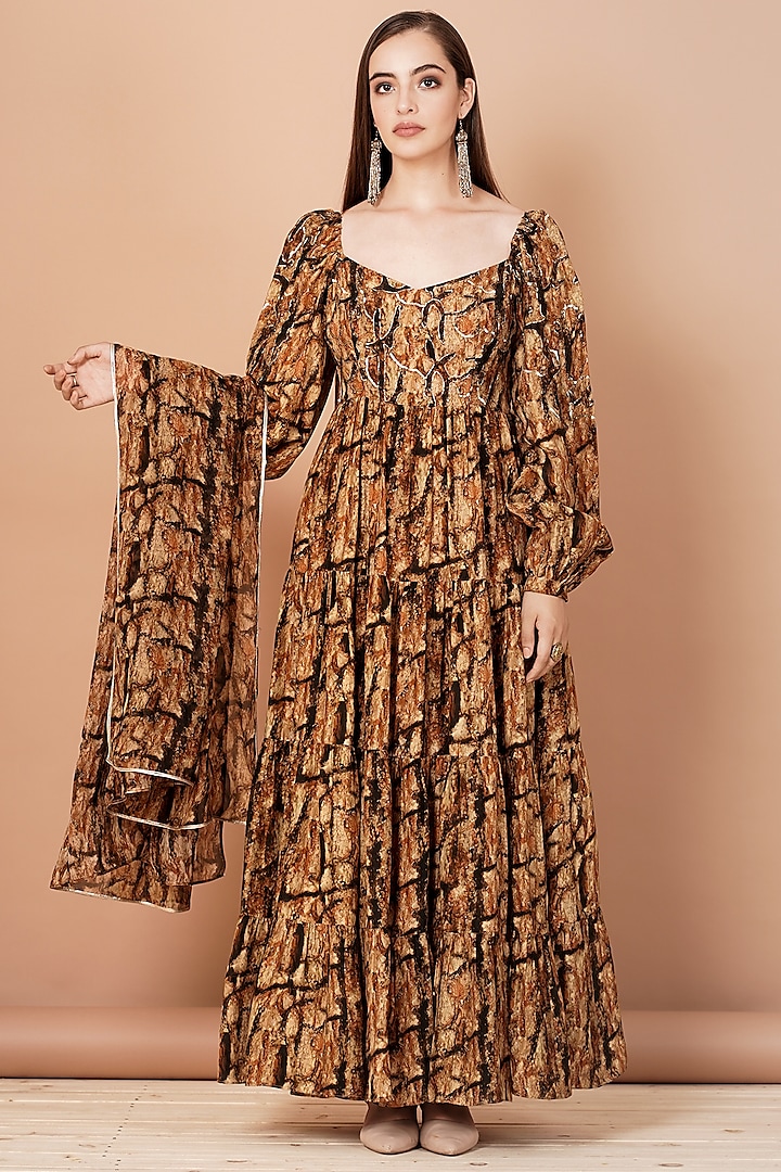 Gold & Brown Printed Gown With Stole by Breathe By Aakanksha Singh at Pernia's Pop Up Shop