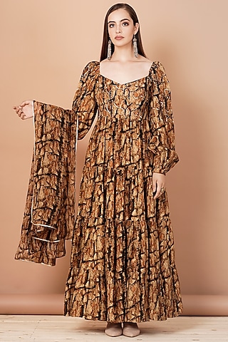 Gold & Brown Printed Gown With Stole by Breathe By Aakanksha Singh