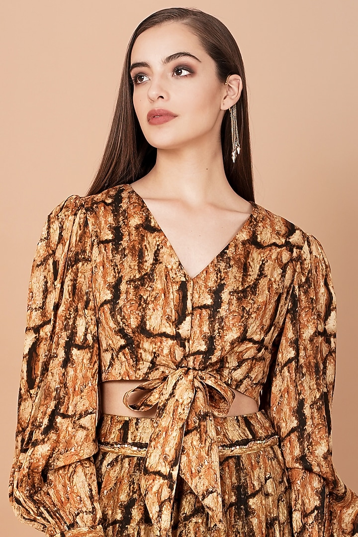 Gold & Brown Dolla Silk Printed Skirt Set by Breathe By Aakanksha Singh at Pernia's Pop Up Shop