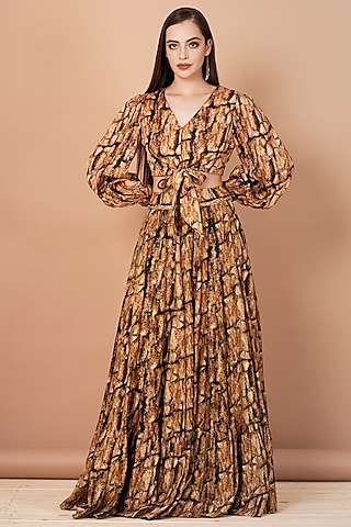 Gold & Brown Dolla Silk Printed Skirt Set by Breathe By Aakanksha Singh
