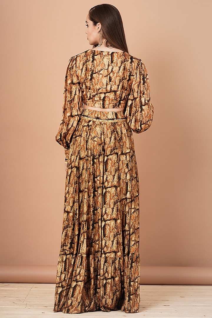 Gold & Brown Dolla Silk Printed Skirt Set by Breathe By Aakanksha Singh at Pernia's Pop Up Shop