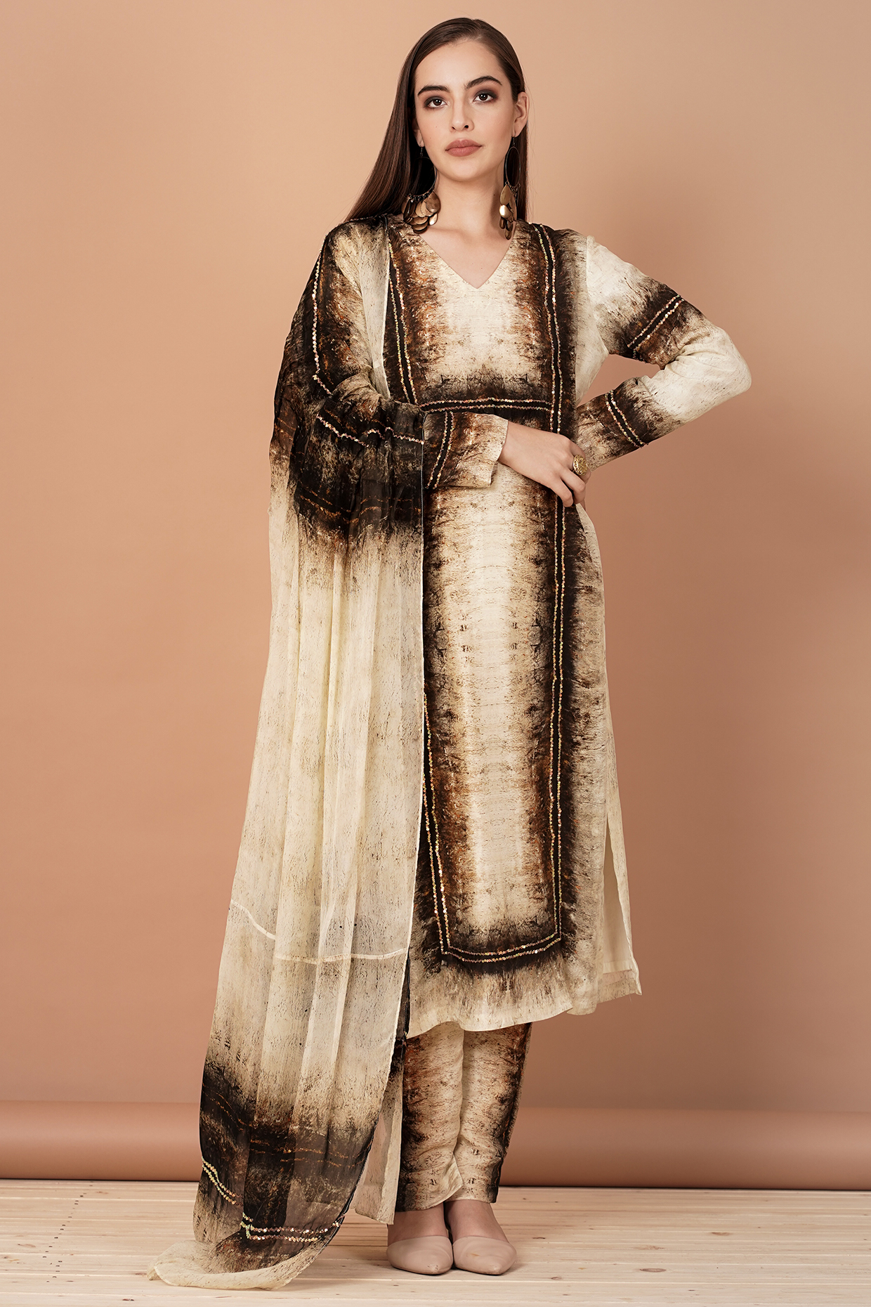 Beige & Brown Digital Printed Kurta Set by Breathe By Aakanksha Singh