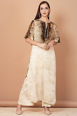 Beige & Brown Printed Kurta With Pants by Breathe By Aakanksha Singh