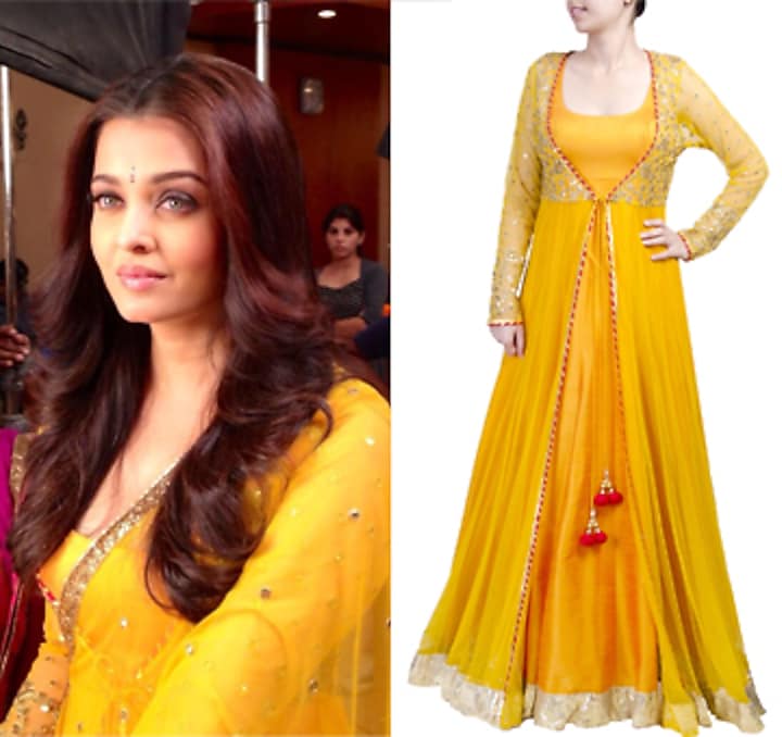 Mango yellow anarkali with sheer jacket available only at Pernia's Pop-up shop.