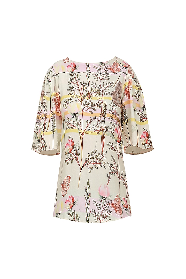 Floral Printed Gathered Sleeve Top with Boat Neckline by Ash Haute Couture