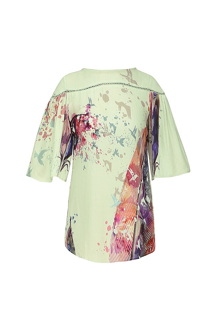 Feathered Printed Gathered Sleeve Top with Boat Neckline by Ash Haute Couture