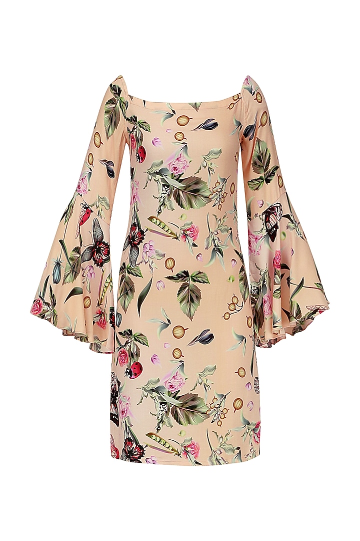 Floral Print Peach Dress with Mesh and Bell Sleeves by Ash Haute Couture