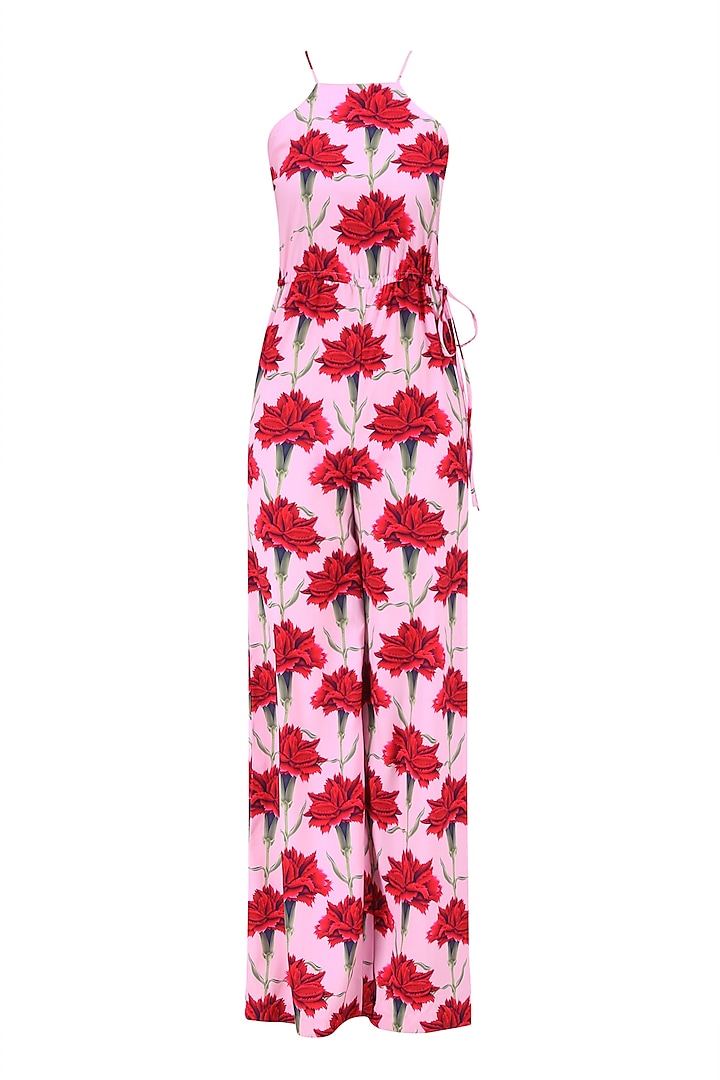 Pink and Contrast Red Carnations Jumpsuit by Ash Haute Couture