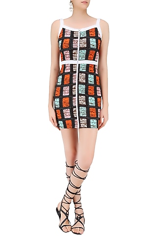 Black Geometric Print Shift Dress by Ash Haute Couture
