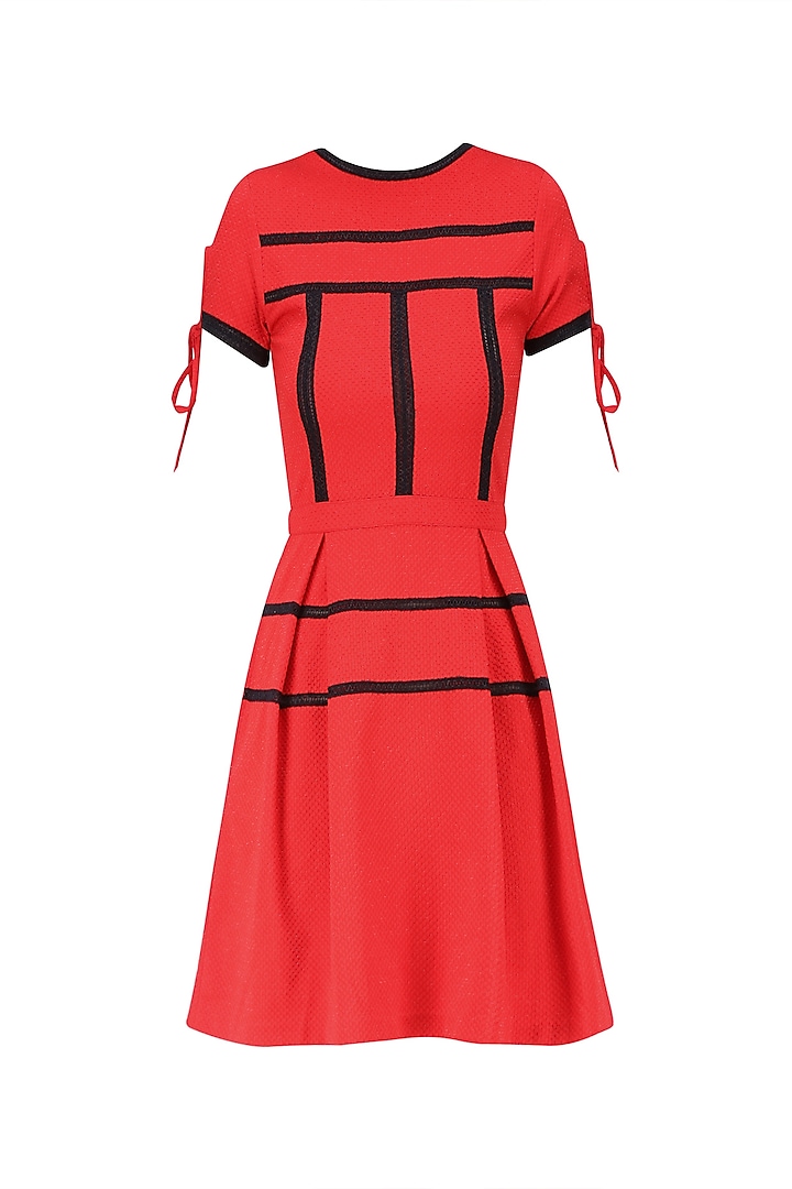 Red Stripe Print Pleated Skater Dress by Ash Haute Couture