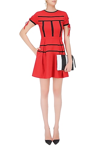 Red Stripe Print Pleated Skater Dress by Ash Haute Couture