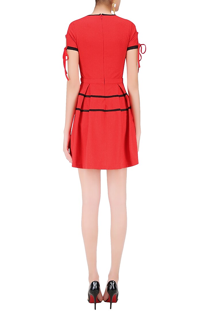 Red stripe print pleated skater dress available only at Pernia's Pop Up Shop.