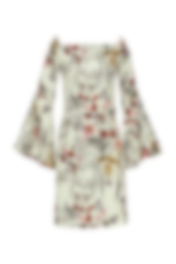 Ivory Floral Print Knee Length Dress by Ash Haute Couture