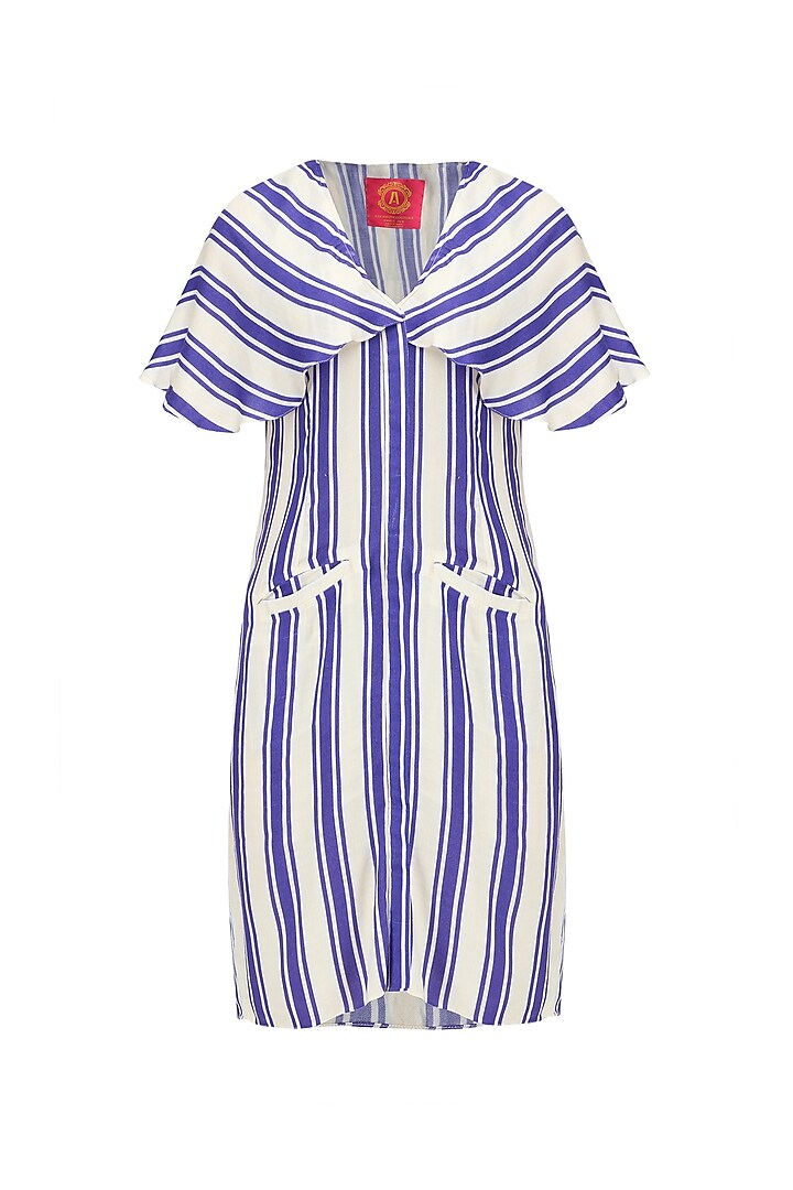 Blue and White Striped Front Open Cape Dress by Ash Haute Couture