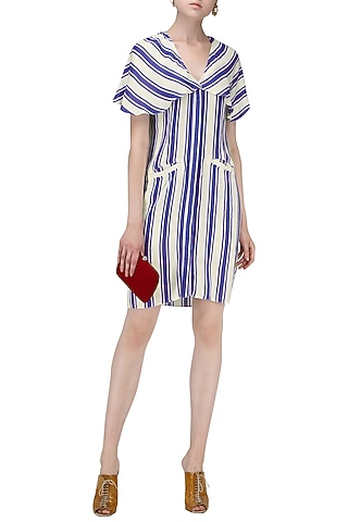 Blue and White Striped Front Open Cape Dress by Ash Haute Couture