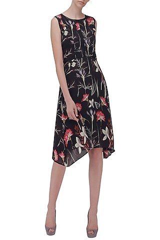 Black Sleeveless Feather Print Dress by Ash Haute Couture