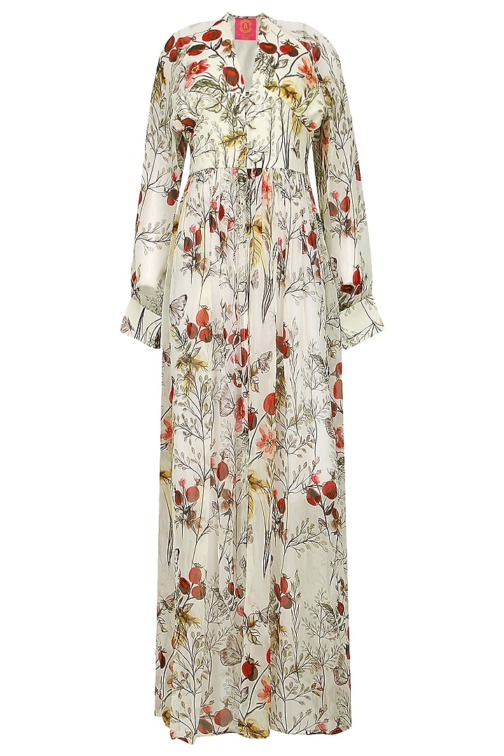 Offwhite and Multi-Coloured Floral Front Open Tunic by Ash Haute Couture