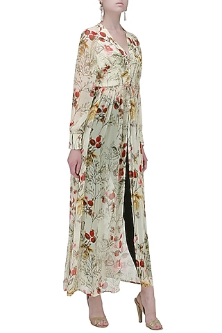 Offwhite and Multi-Coloured Floral Front Open Tunic by Ash Haute Couture
