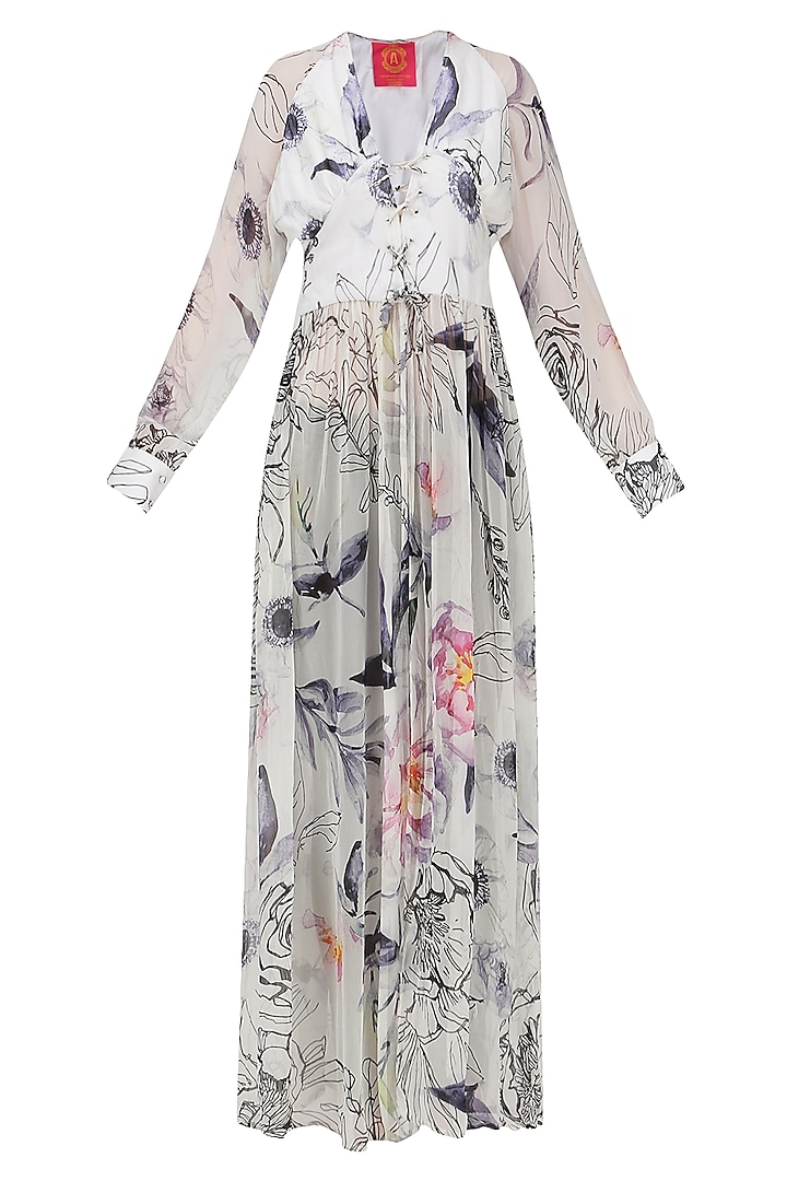 White Floral Front Open Tunic by Ash Haute Couture