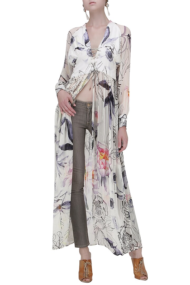 White floral front open tunic available only at Pernia's Pop Up Shop.