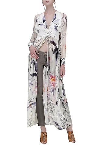 White Floral Front Open Tunic by Ash Haute Couture
