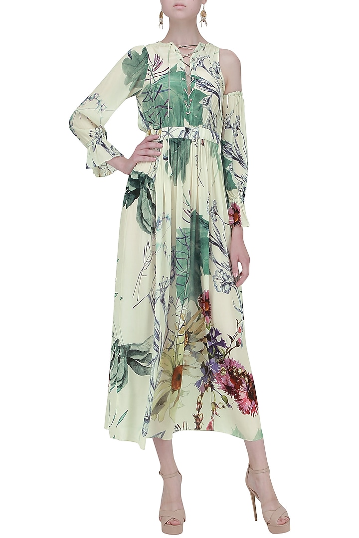 White one side cold shoulder sleeve maxi dress available only at Pernia's Pop Up Shop.